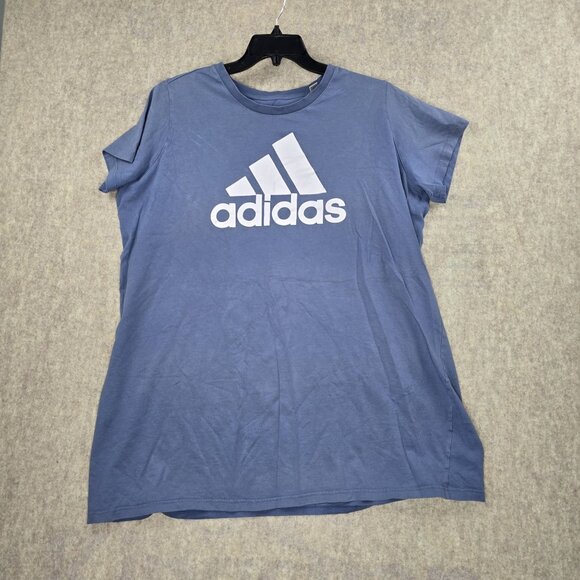 Adidas Womens 2X Blue Logo T-Shirt Made In Indonesia Cotton Blend - Picture 1 of 6